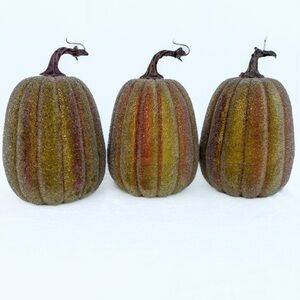 (Quantity of 3) Green-Tone Beaded Textured Pumpkins - appropriately 7”H x 5”W